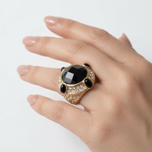 unknown Jewelry - Huge Gold Tone Black Rhinestone Statement Cocktail Ring 1990s Size 6